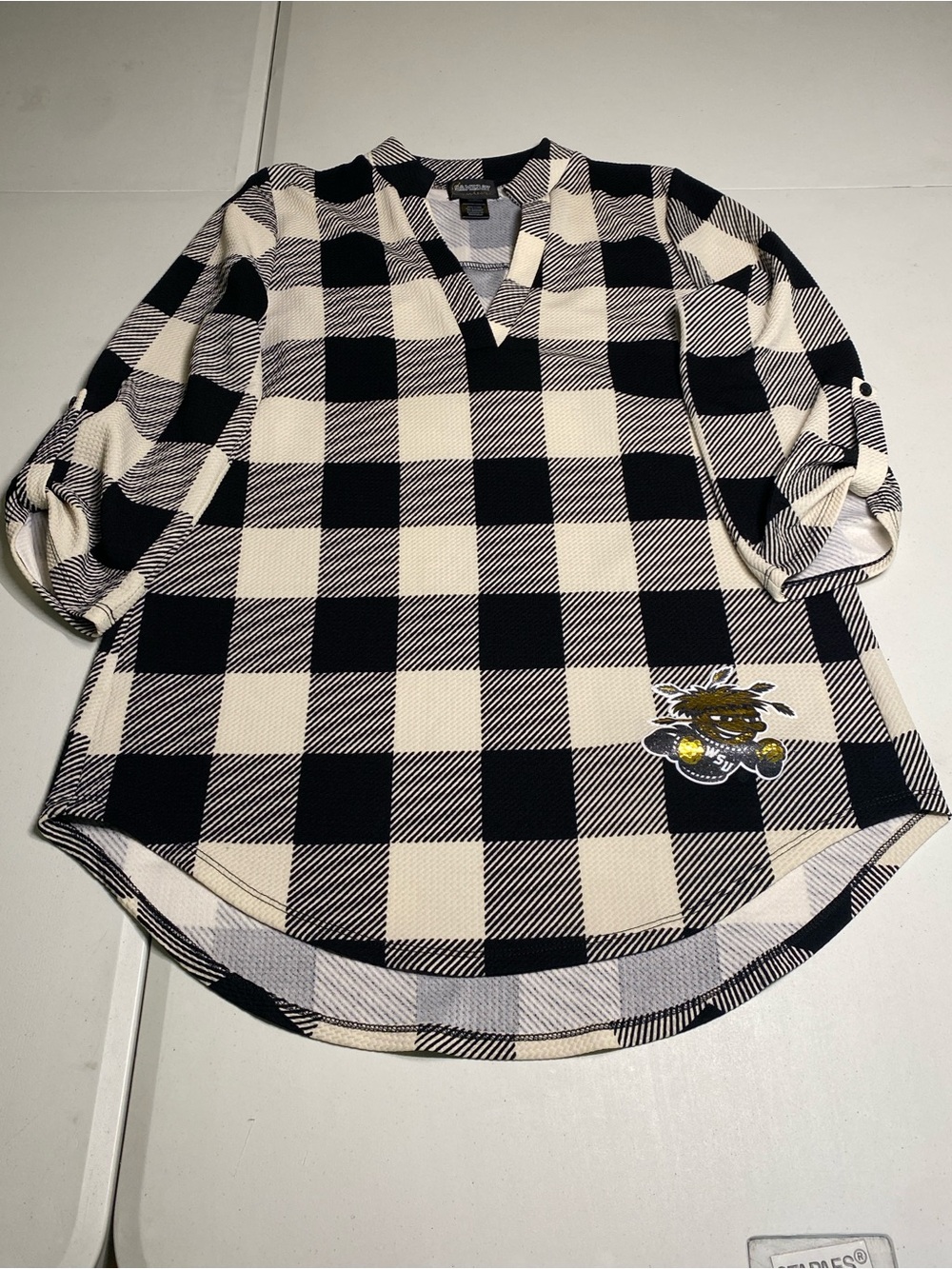 Black & Cream Buffalo Check V-Neck Blouse - Women